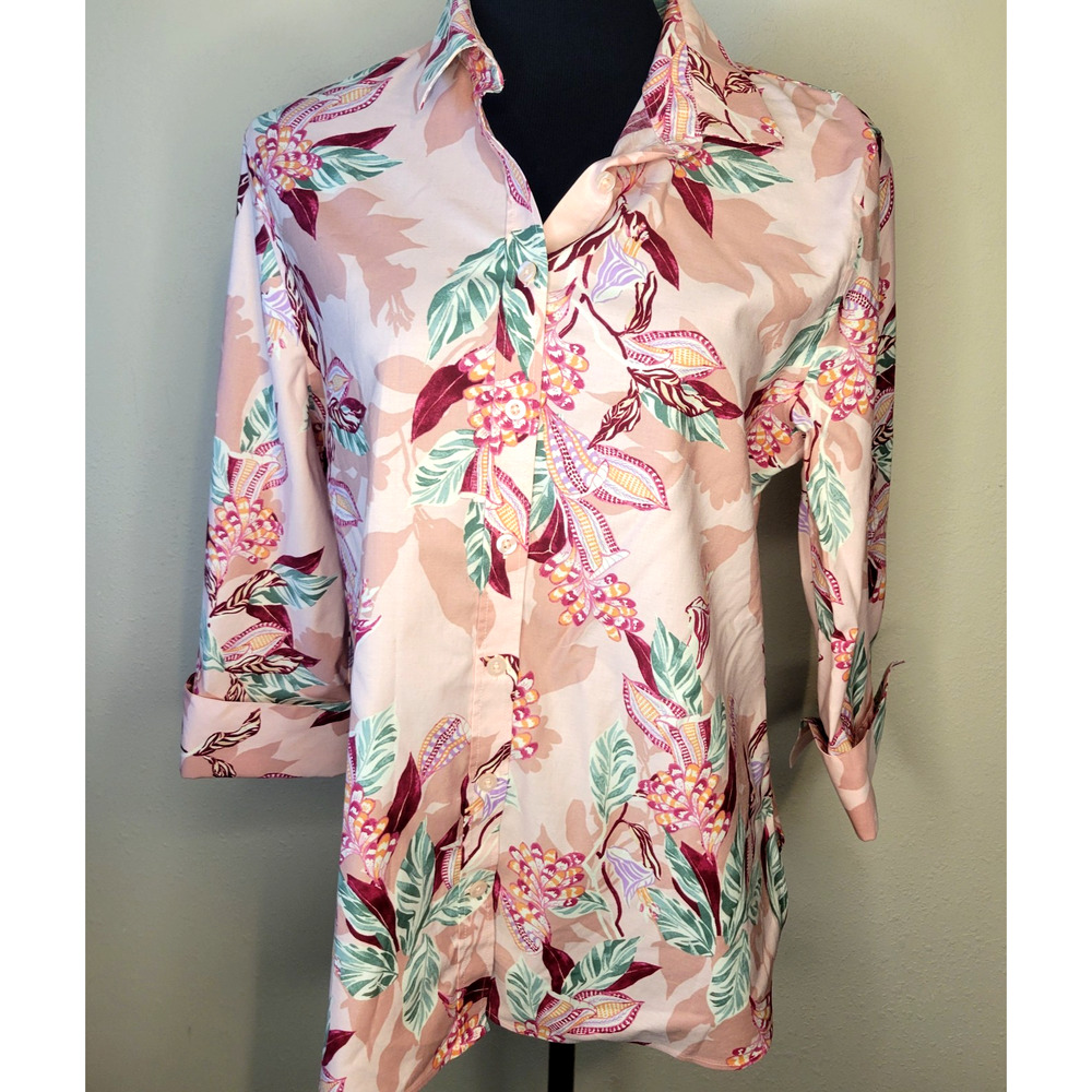 Chico’s Women’s 2 Large Button Up Blouse Pink Print Collared Shirt 3/4 Sleeve